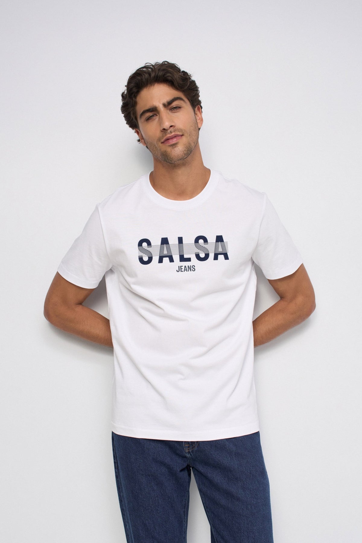 COTTON T-SHIRT W/INDIGO EMBROIDERY PRINT