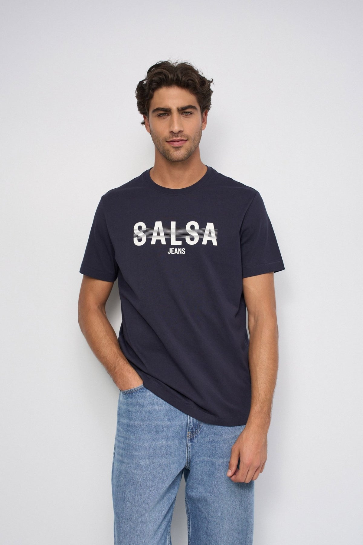 COTTON T-SHIRT W/INDIGO EMBROIDERY PRINT