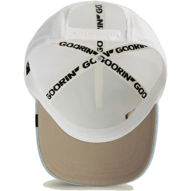 Gorra trucker blanca y azul águila Fly High Denim The Farm de Goorin Bros.