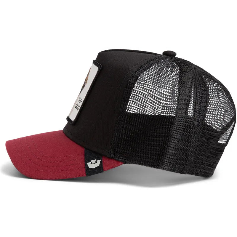 Gorra trucker negra y roja perro Crush Top Dog The Farm de Goorin Bros.