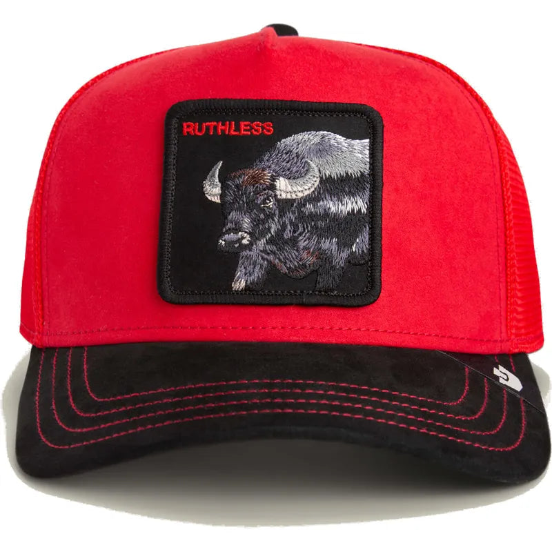 Gorra trucker roja y negra búfalo Ruthless Buffalo Suede The Farm de Goorin Bros.