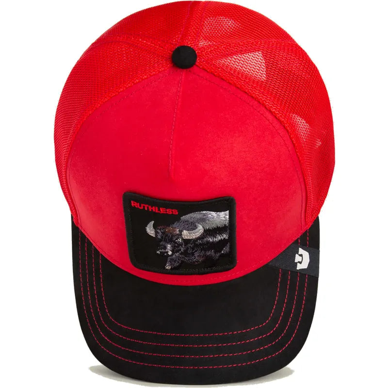 Gorra trucker roja y negra búfalo Ruthless Buffalo Suede The Farm de Goorin Bros.