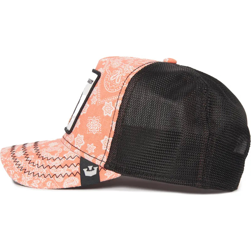 Gorra trucker rosa y negra perro rottweiler Bad Boy Lovesexy The Farm Paisley de Goorin Bros.