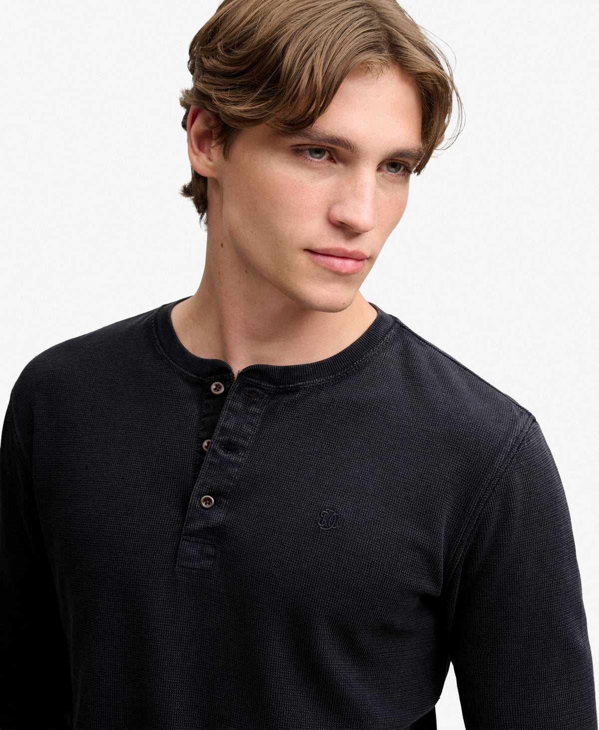 Camiseta Henley de Manga Larga Waffle French Blue