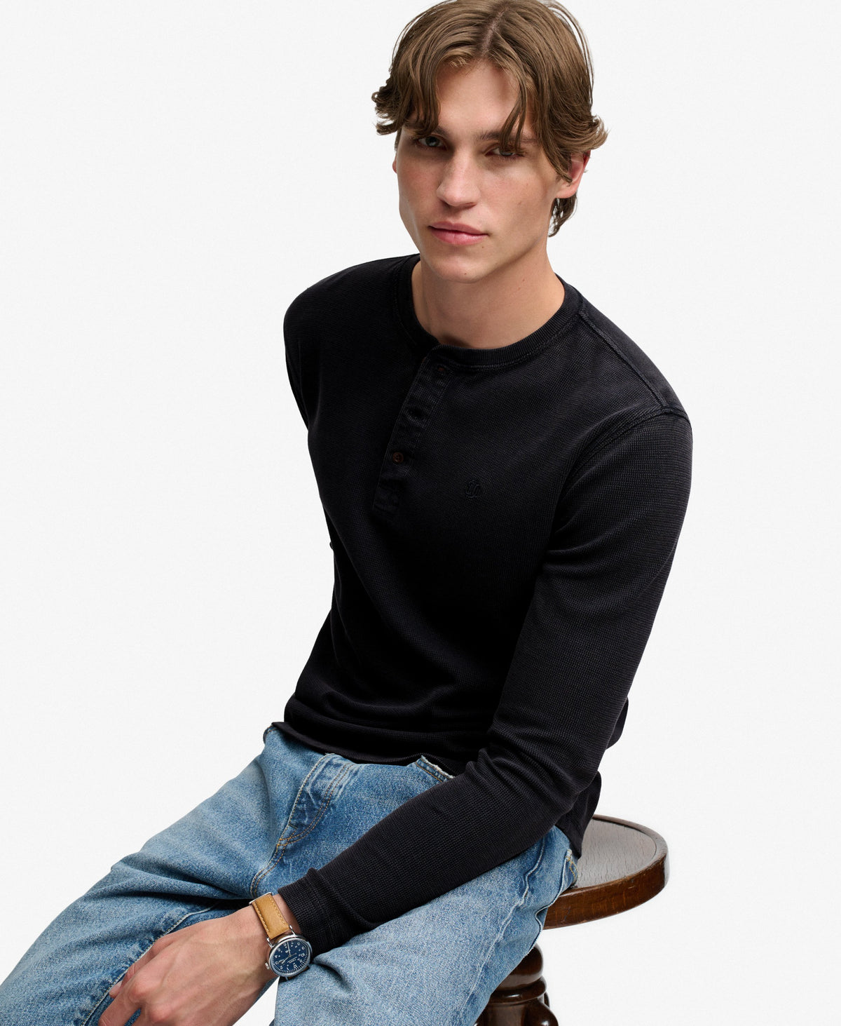 Camiseta Henley de Manga Larga Waffle French Blue