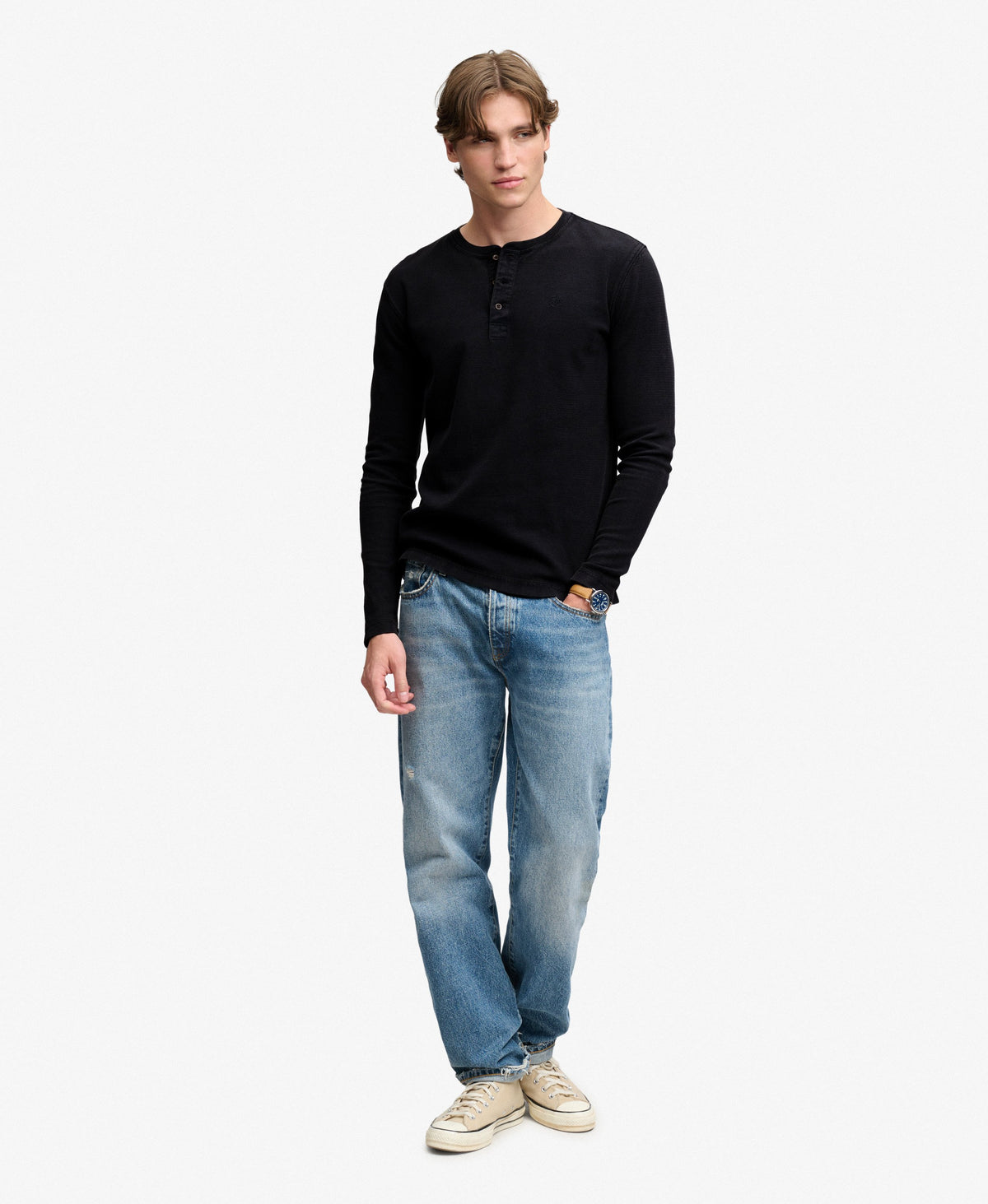 Camiseta Henley de Manga Larga Waffle French Blue