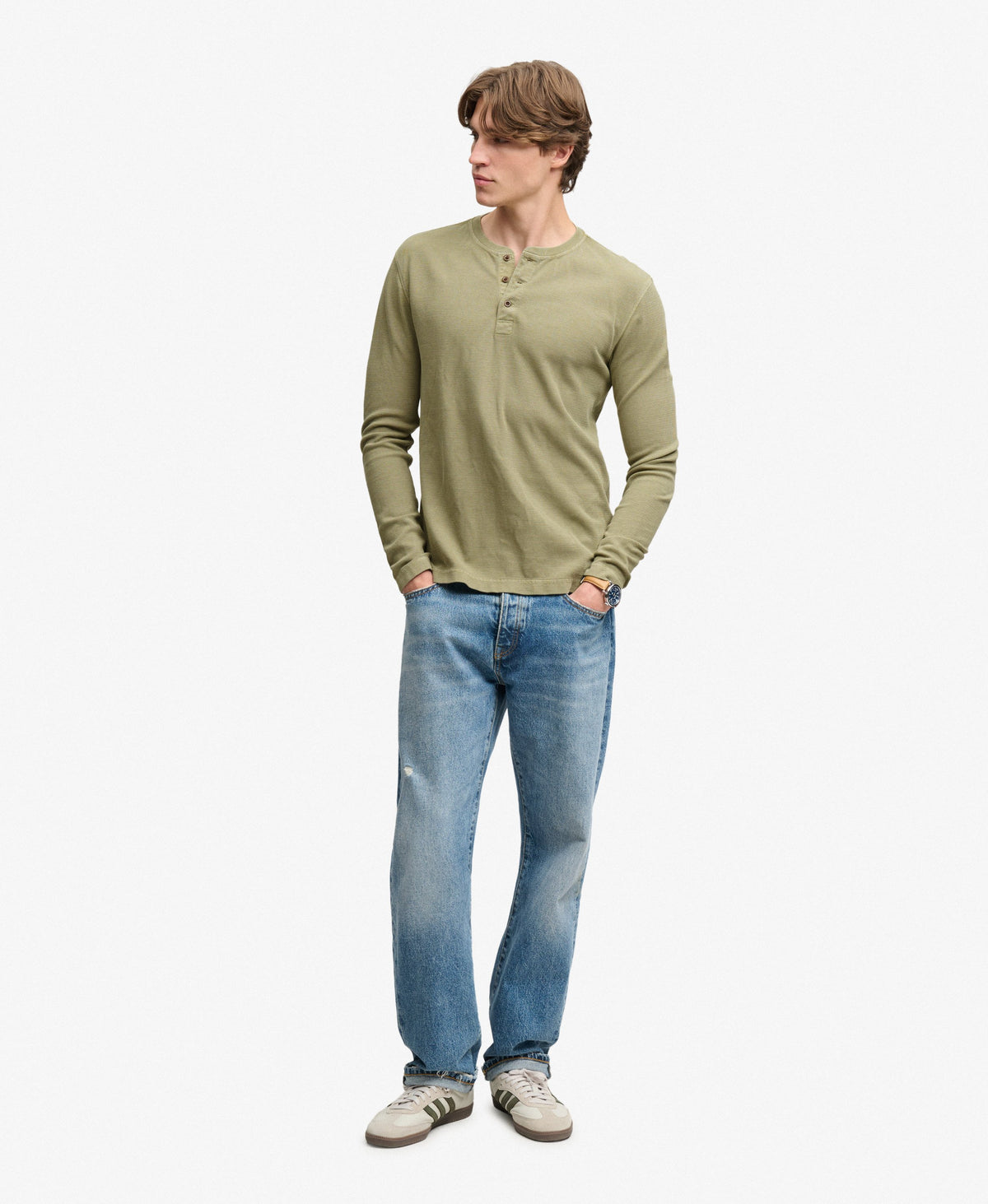Camiseta Henley de Manga Larga Waffle Light Khaki Green