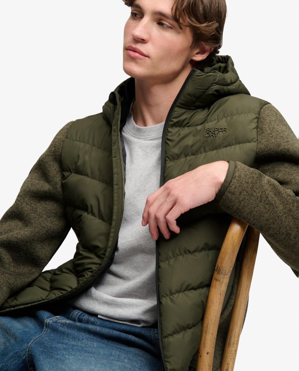 Chaqueta híbrida de punto y acolchado Storm de hombre con capucha Kaki