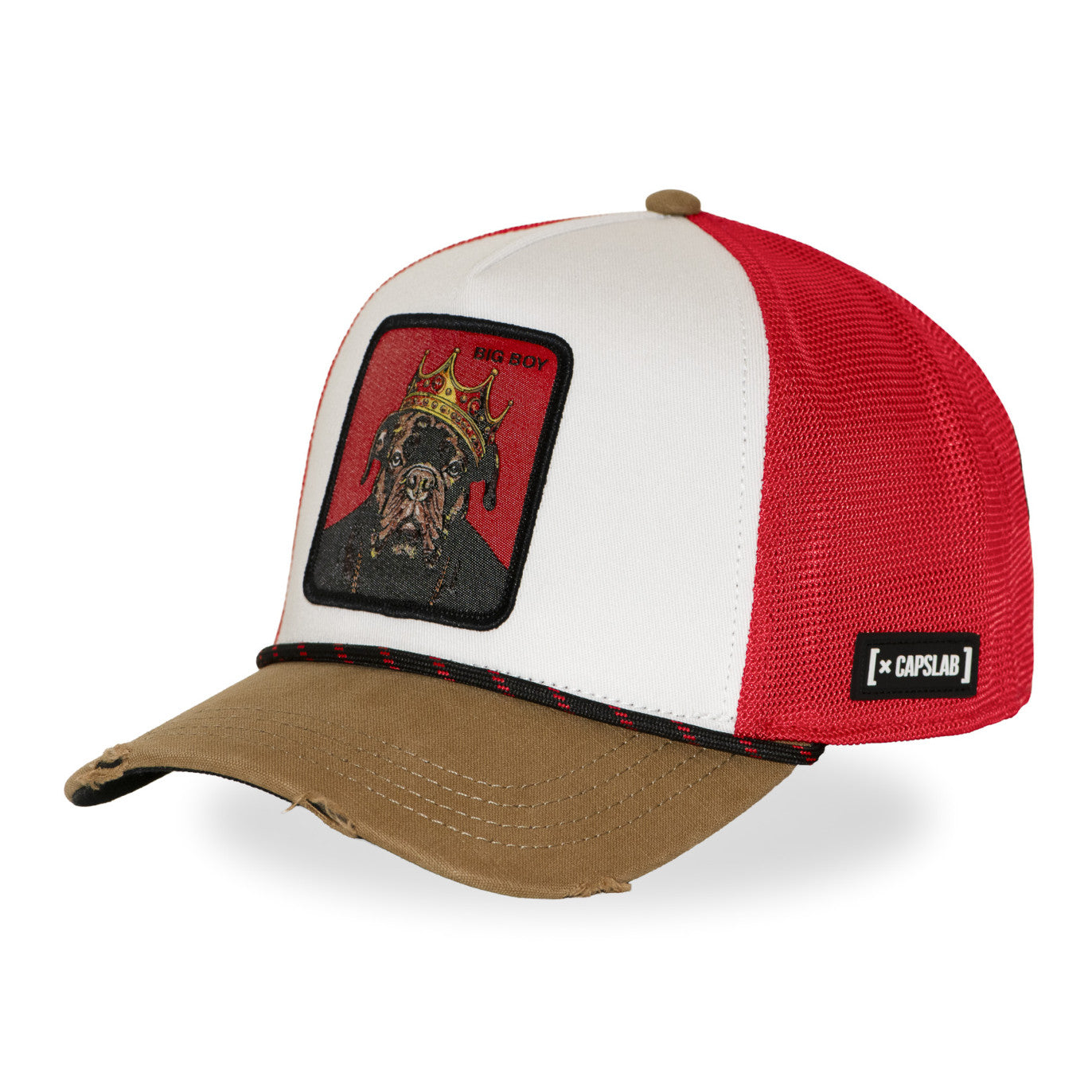 Gorra Capslab trucker premium perro con corona rojo y blanco