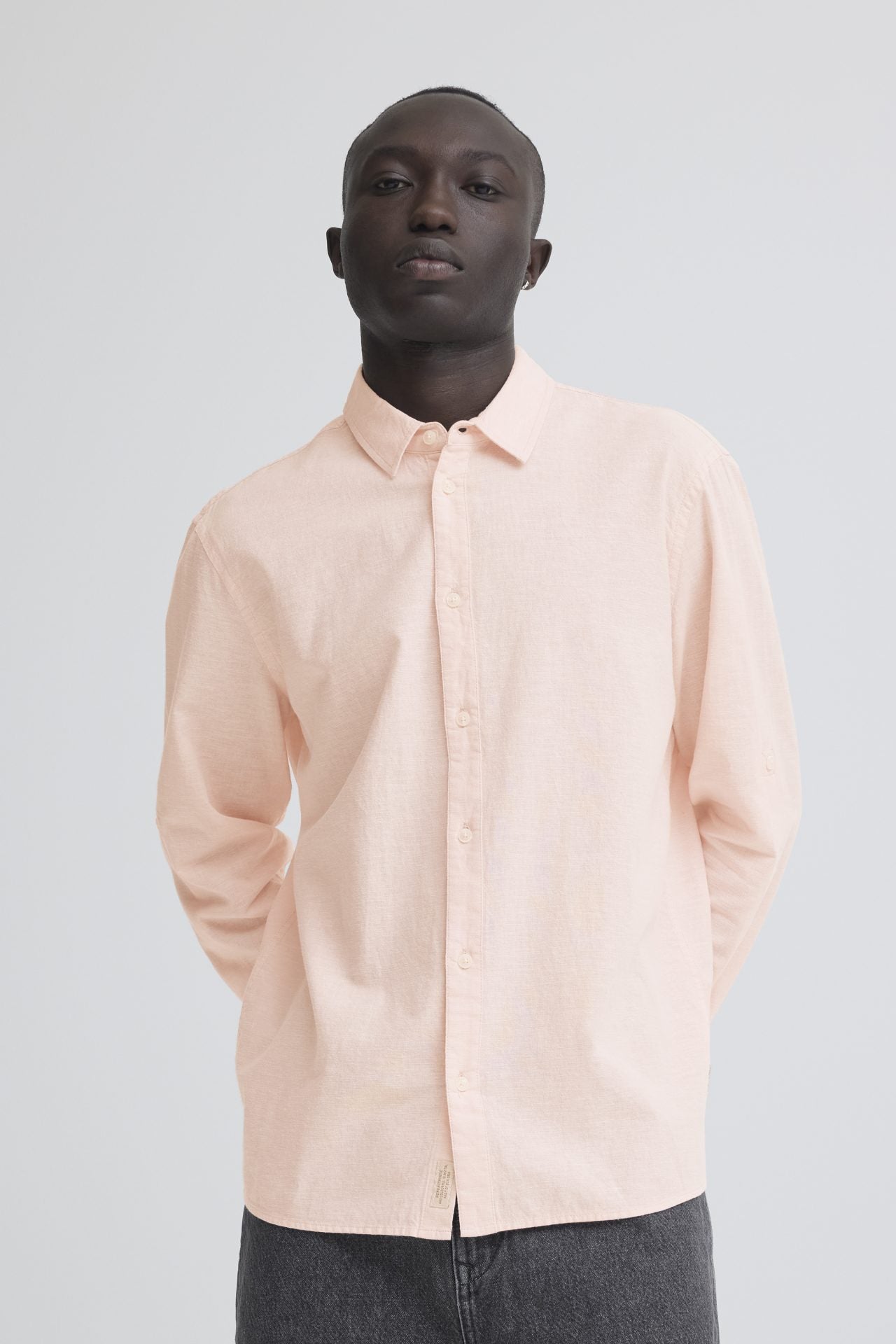 Camisa Blend de manga larga de algodón y lino color rosa