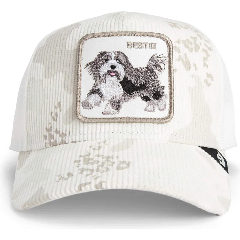 Gorra trucker blanca perro Bestie Corduroy Camo The Farm de Goorin Bros.