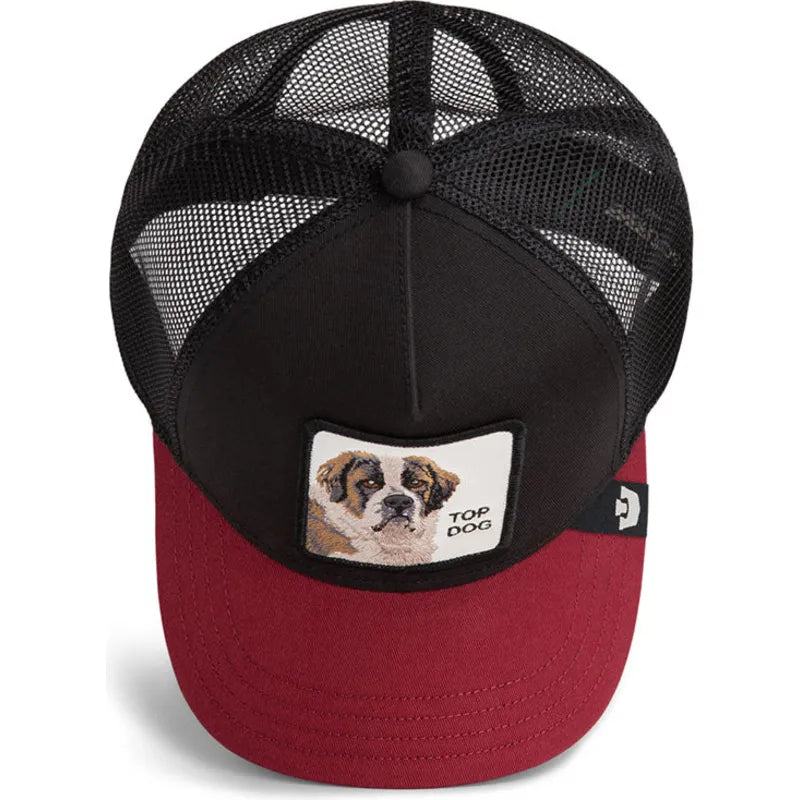 Gorra trucker negra y roja perro Crush Top Dog The Farm de Goorin Bros.