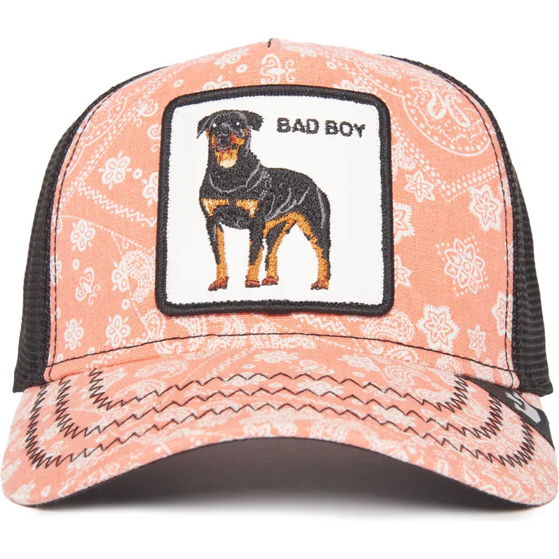 Gorra trucker rosa y negra perro rottweiler Bad Boy Lovesexy The Farm Paisley de Goorin Bros.