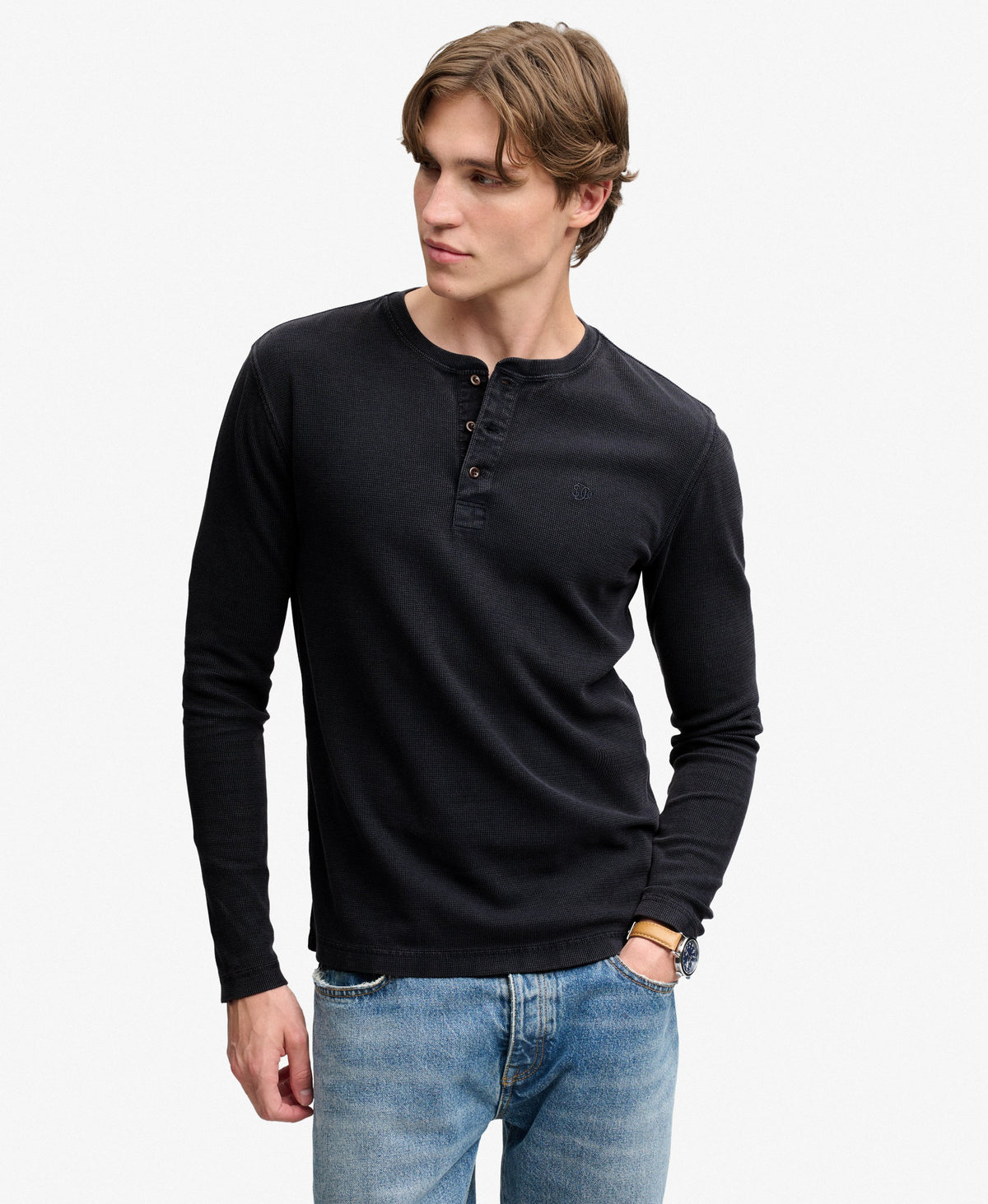 Camiseta Henley de Manga Larga Waffle French Blue