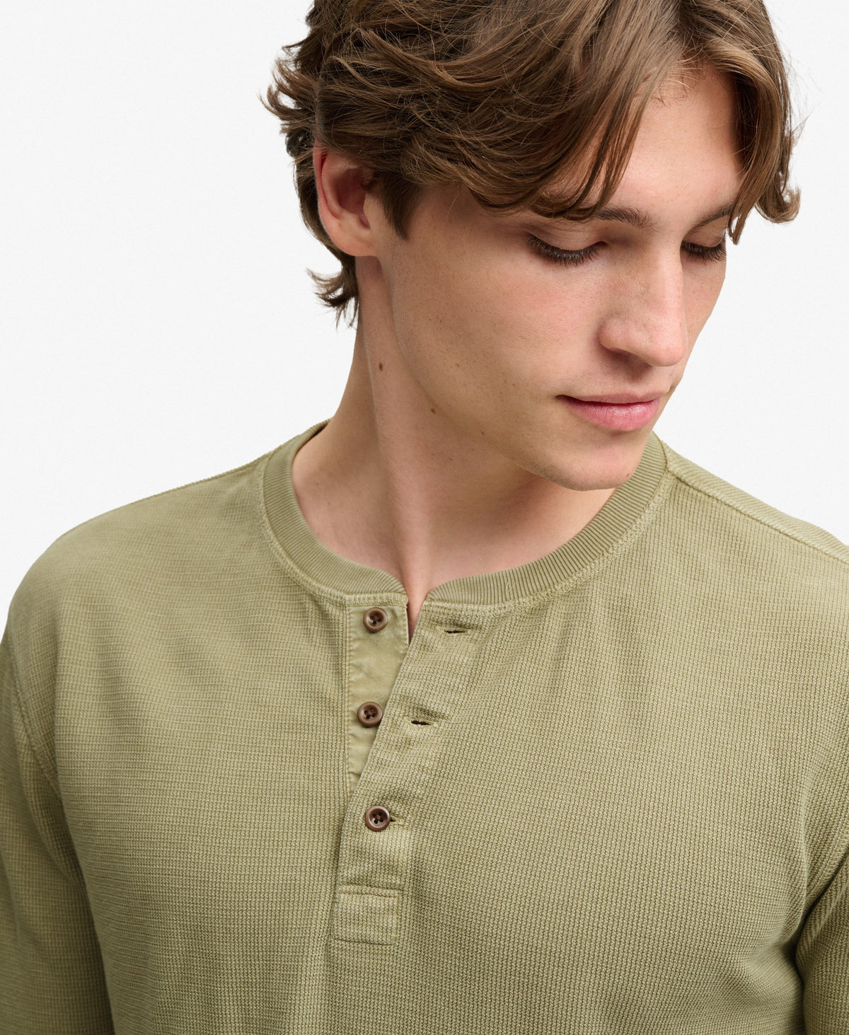 Camiseta Henley de Manga Larga Waffle Light Khaki Green