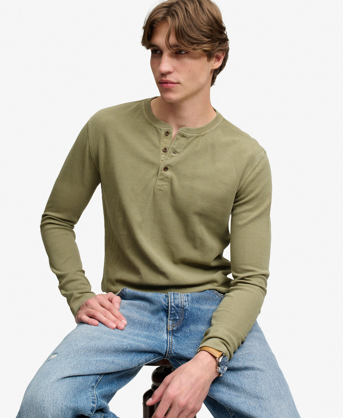 Camiseta Henley de Manga Larga Waffle Light Khaki Green