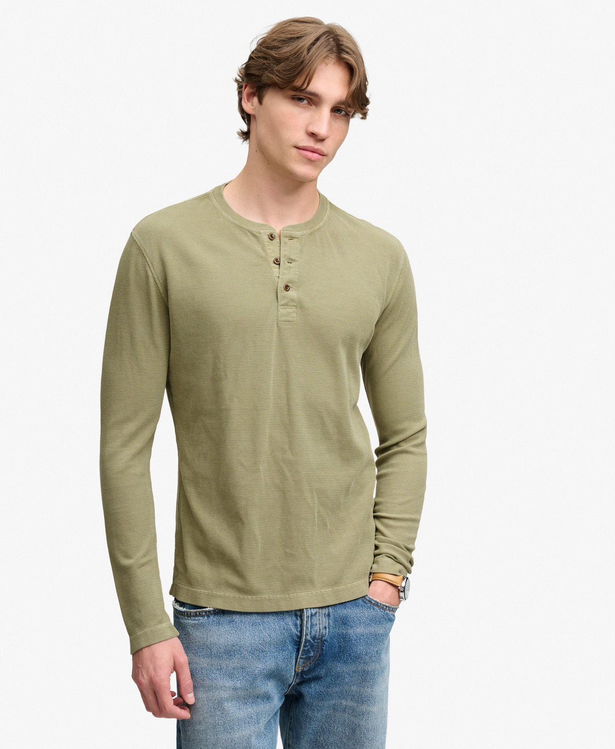 Camiseta Henley de Manga Larga Waffle Light Khaki Green
